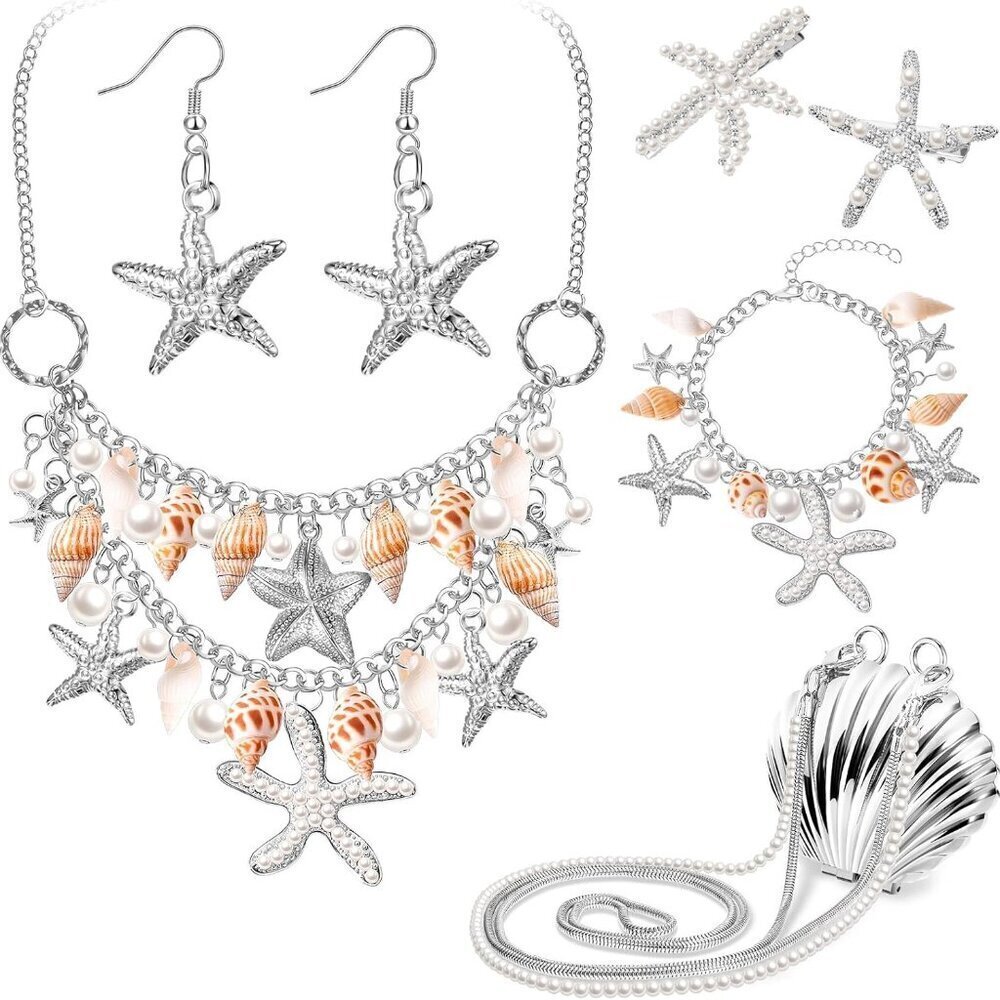 Mermaid Jewelry Set Seashell Purse Starfish Necklace Earrings Hair Clips Beach